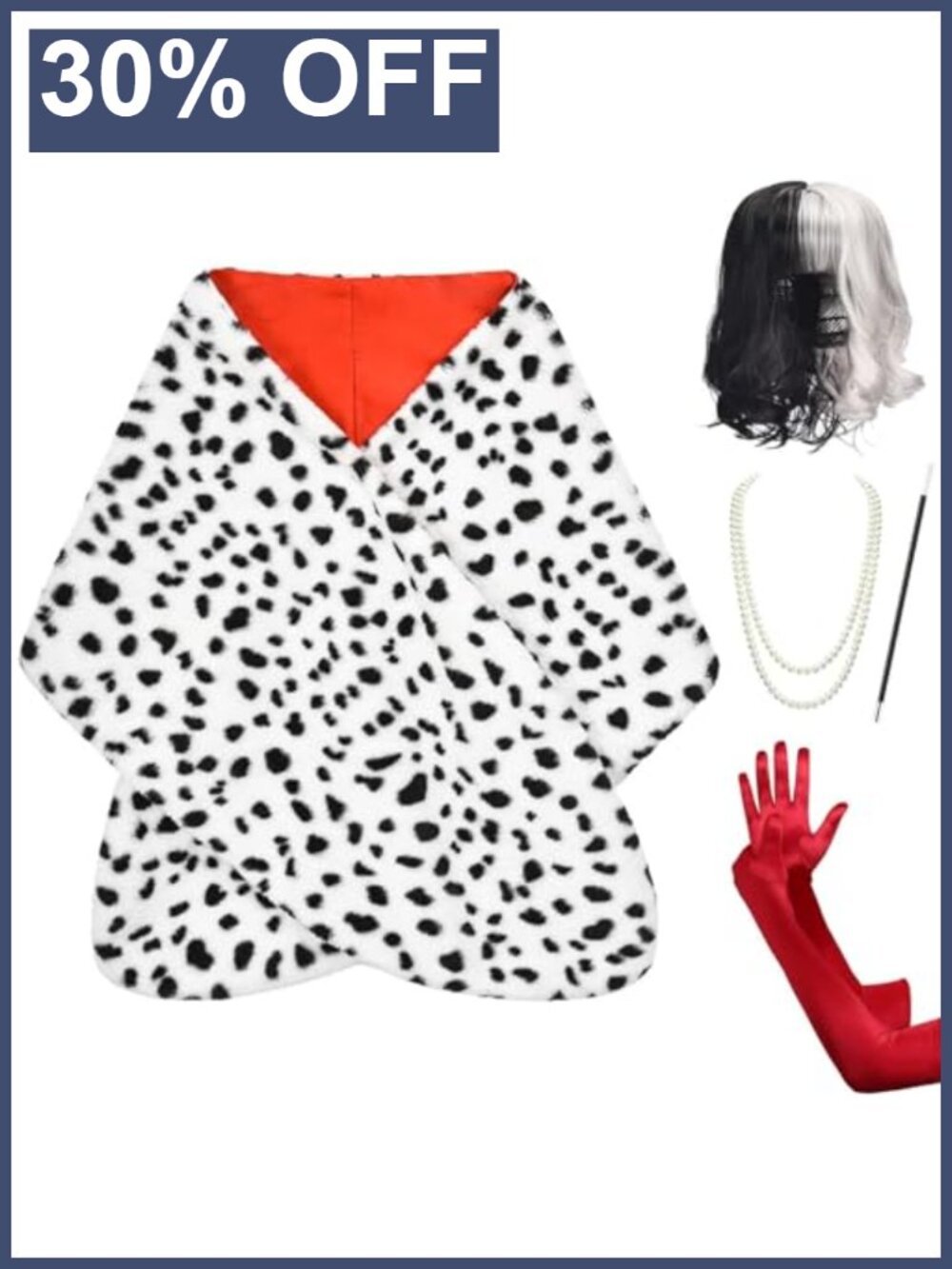 Women's Dalmatian Costume Set Wig Shawl Gloves Necklace Halloween Party